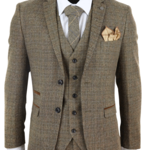 Mens 3 Piece Tweed Check Suit – Brown